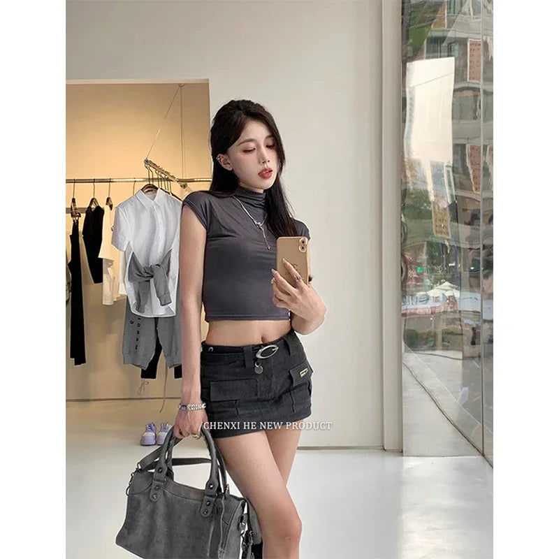 Y2K 2000S Cargo Mini Skirt Women Harajuku Vintage Belt Hip Wrap Skirts Summer Gothic Aesthetic Sexy Slim A Line Short Skirt New