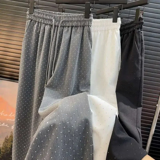 Verão Novas Mulheres Calças Diamante Reta Cintura Alta Casual Cordão Cintura Elástica Pantalones Beading Preto Calças Retas