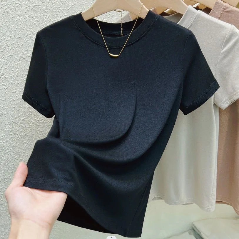 Fashion Sexy Slim Blue Crew Neck Red Women's T Shirt Korean Y2k Street Casual T-Shirt Solid Top Summer Short Sleeve Clothing