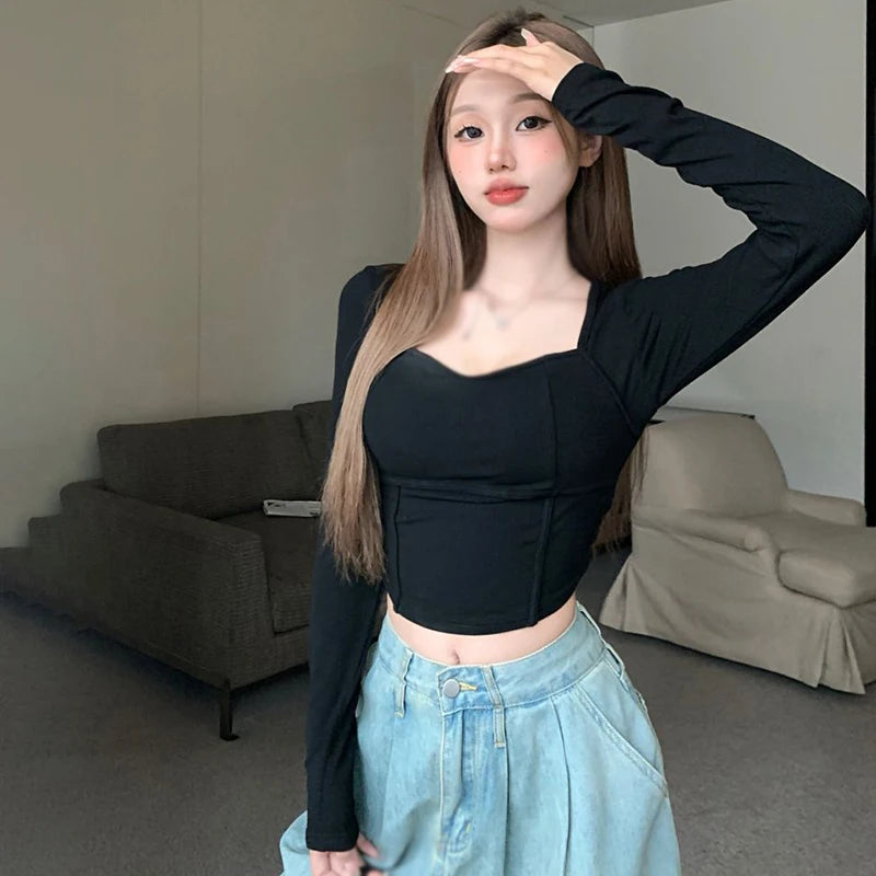 Long Sleeves T Shirt Solid Colour Korean Version Kink Backless Women's Crop Top