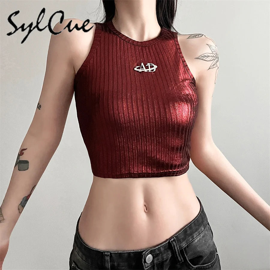 Sylcue 2024 Spring New Style Retro Solid Color Retro Trendy Distinctive All-match Casual High Street Cool Women's Letter Vest