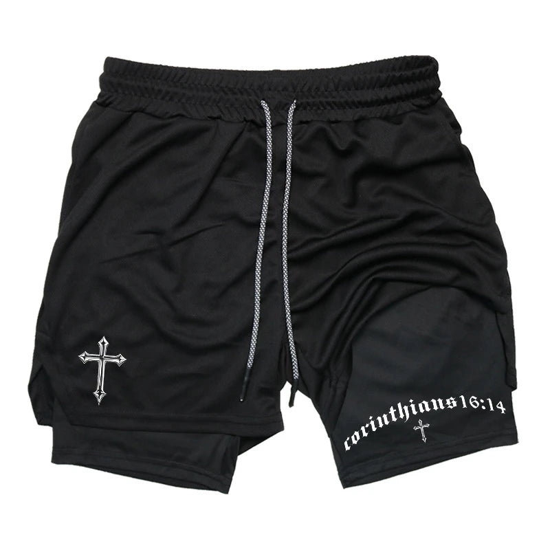 Cross Bible Graphic 2 in 1 Athletic Shorts for Men Christian Gym Workout Running Shorts with Phone Pocket Towel Loop Active Wear