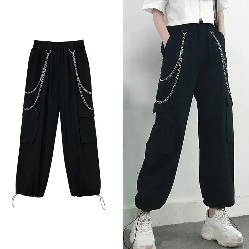 Calça cargo streetwear primavera verão feminina harajuku slim punk fitas joggers cintura elástica tornozelo comprimento calças para meninas