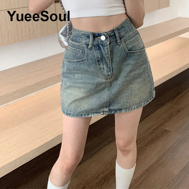 Blue Denim Skirt  A-Line High Waist Mini Skirt 2024 New Summer Y2K 2000s High Street Sexy Kawaii Cute Skirts for Women