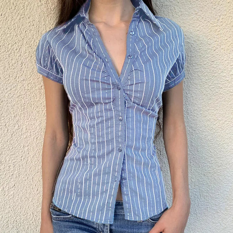 Vintage Striped Slim Fit T-shirt Ladies Short Sleeve V-neck Blouse Tees Preppy Style Button Up Crop Tops Y2K Aesthetic Clothes