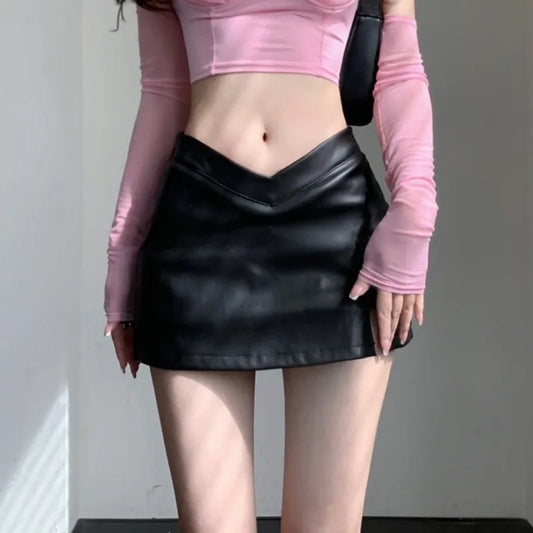 2024 New Sexy Short Skirt PU Leather High Waist Skirt Slim Fit Sexy Split with Liner Retro Short Skirts Spicy Girl Short Skirt S