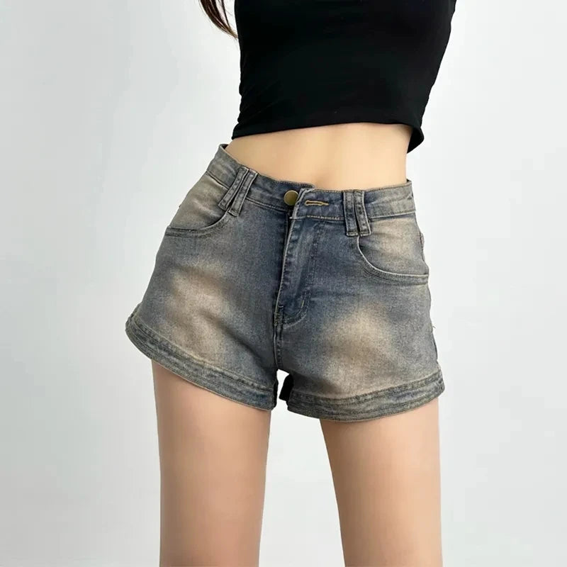 Shorts jeans retrô azul feminino Y2K Harajuku High Street estilo anos 2000 estética perna larga anos 90 shorts jeans roupas de verão 2025