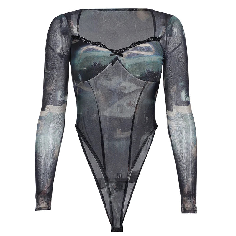 HEYounGIRL Bodysuit de malha transparente com estampa gráfica, manga comprida, sexy, feminino, vintage, Y2K, acabamento em renda, gola quadrada, macacão