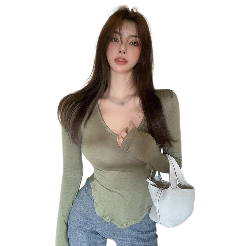 Women Fall Casual Slim Fit Basic Crop Tops Solid Color Long Sleeve Skinny Sexy Crew Neck Pullover Ladies Tight Tee Shirts