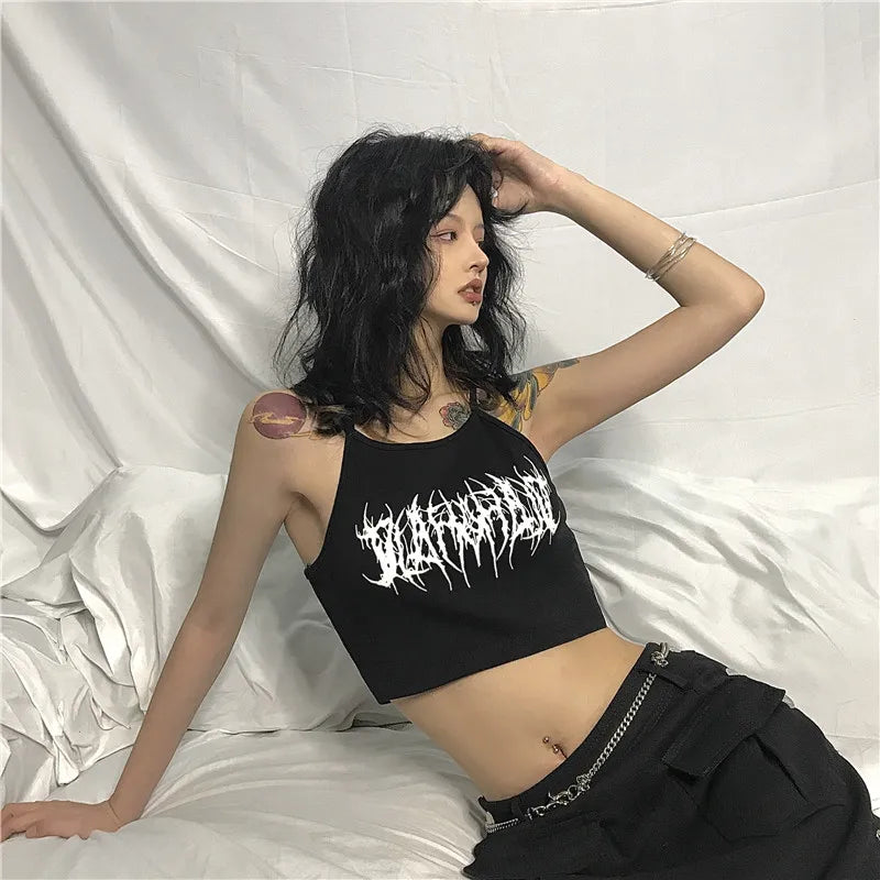 Y2k Goth Punk mulheres Halter gótico egirl Patchwork Sling top curto Sexy Cut Out Casual camiseta vestido gráfico preto roupas kpop