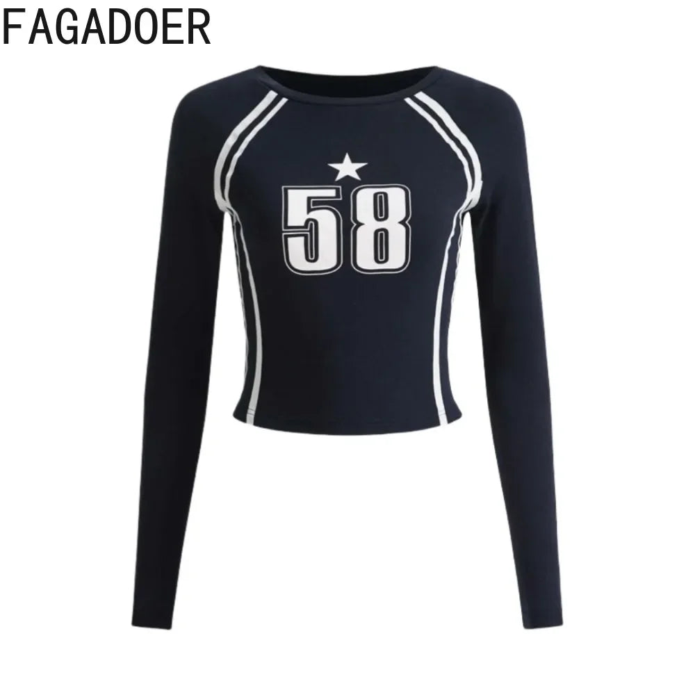 FAGADOER Autumn Y2K Letter Print T Shirt Women O-Neck Stripe Patchwork Slim Crop Tops Hot Girl Basic Hipster Streetwear Clothing