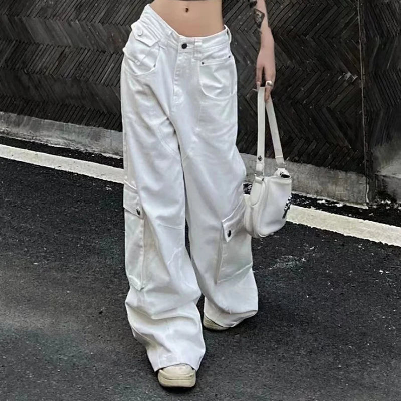 Fashion Baggy Cargo Long Pants Women Y2K American Vintage Streetwear Wide Leg Straight Trouser Casual Distressed Female Bottom