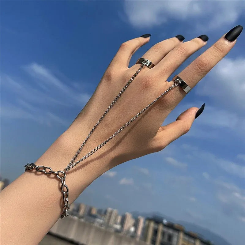 Punk Geometric Black Silver Color Chain Wrist Rings For Women Men Gothic Hip Hop Chain Open Rings Set Couple Fashion Jewelry