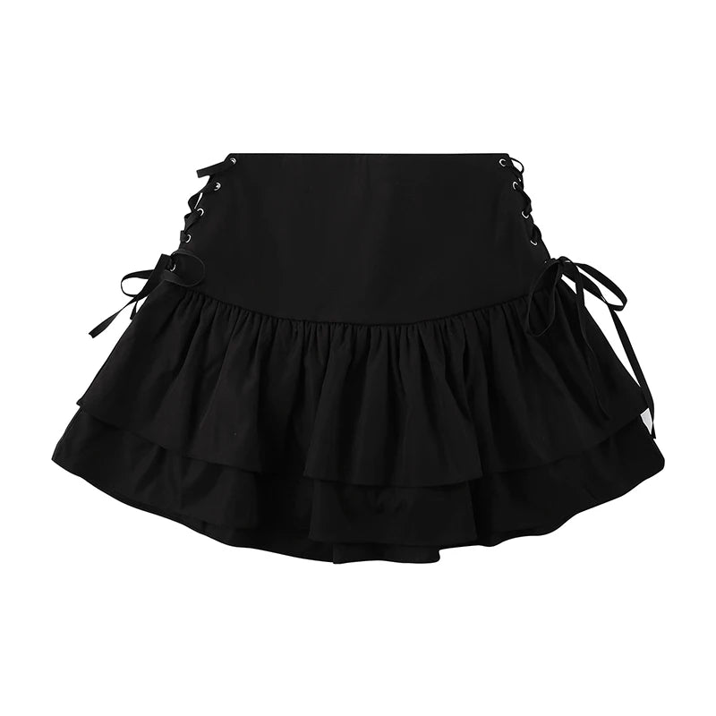 Women’s Ruffle Black Mini Skirt A-line High Waist Slim Sexy Short Skirt Summer Criss Cross Bow Tie Up Hot Sweet y2k Streetwear