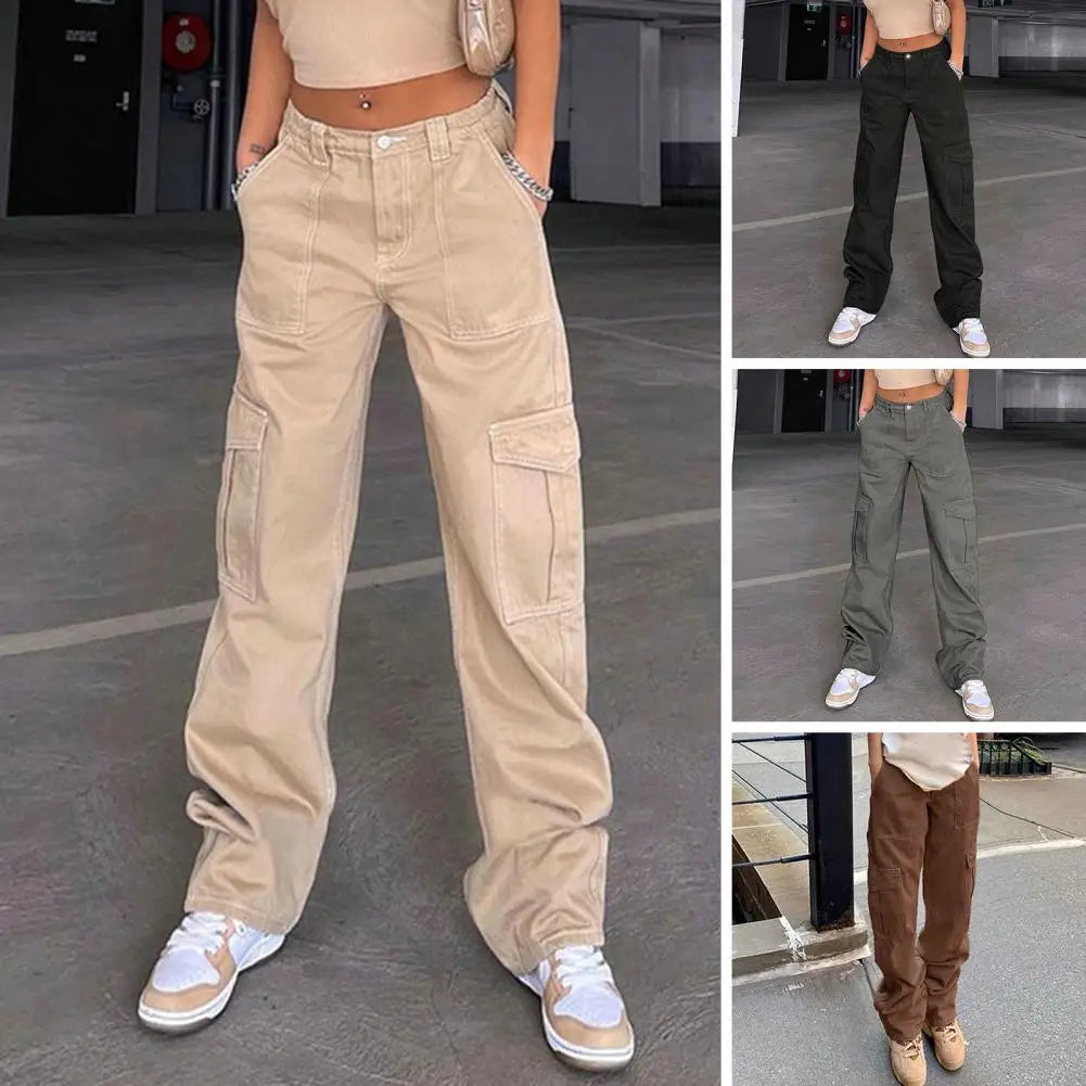 Women Cargo Pants High Waist Solid Color Loose Multi Pockets Full Length Soft Breathable Casual Streetwear Lady Trousers Khaki