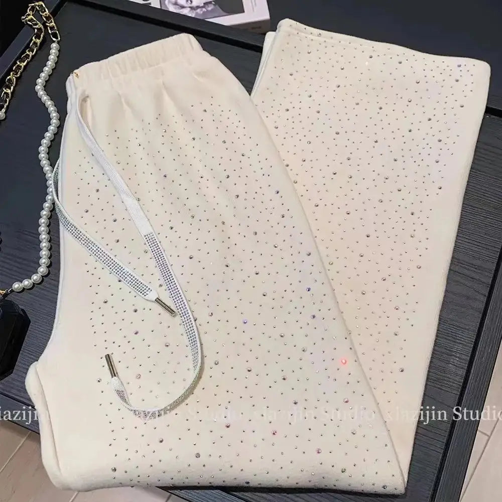 Outono Inverno Mulheres Branco Strass Veludo Calças de Perna Larga Moda Engrossada Reta Solta Calças Casuais Streetwear Mulheres