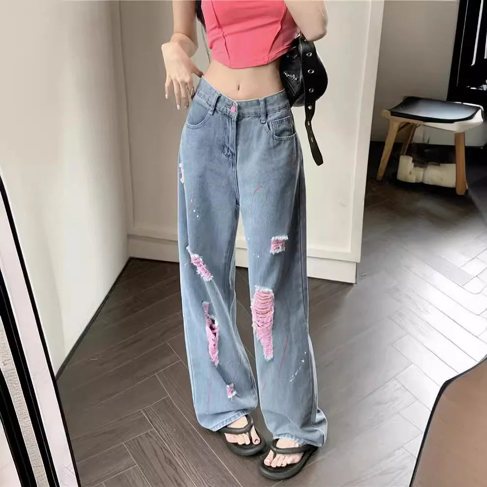 Jeans Women Ripped Niche Design 2025 Summer New High-waisted Slimming Loose Casual Straight Wide-leg Pants