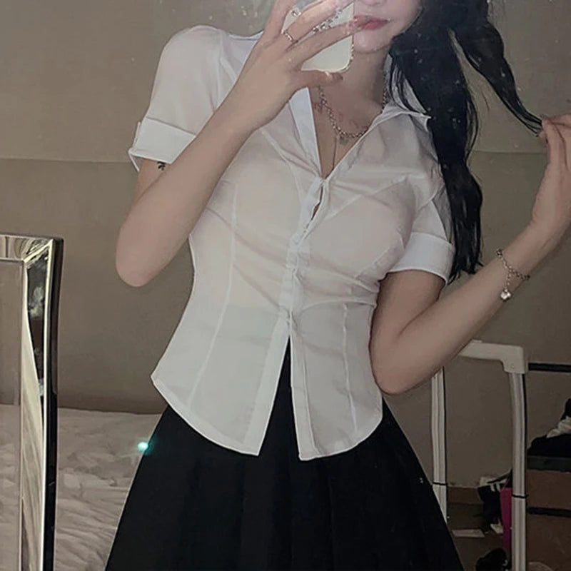 Xpqbb White Shirts for Women Korean Style Slim Fit Short Sleeve Cropped Blouse Ladies Preppy Style Student Turndown Collar Shirt