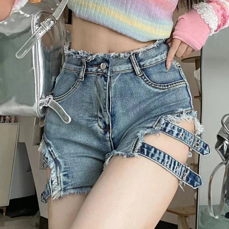 American Women Blue Denim Shorts Hot Sexy Bandage Hollow Out Retro High Waist Streetwear Punk Chic Lovey Female Spring Summer