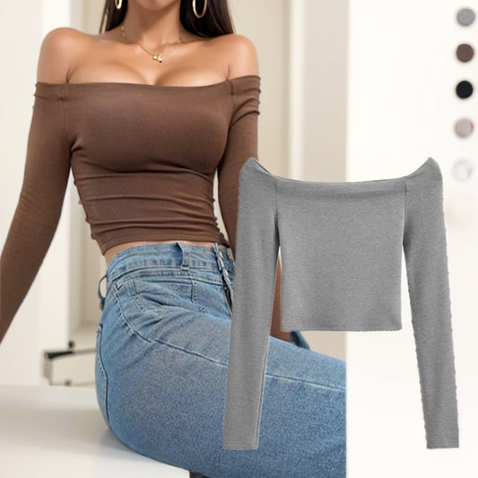 Sweet Sexy Sexy off-the-Shoulder Cashmere Fleece-lined Long Sleeves Pure Desire T-shirt Silm Slimming Inner Pure Color Bottoming Shirt Ins