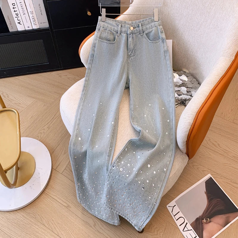 Hot Diamond Design Casual Jeans Women High Waist Loose Pants Fashion Spring New Streetwear Mopping Pants