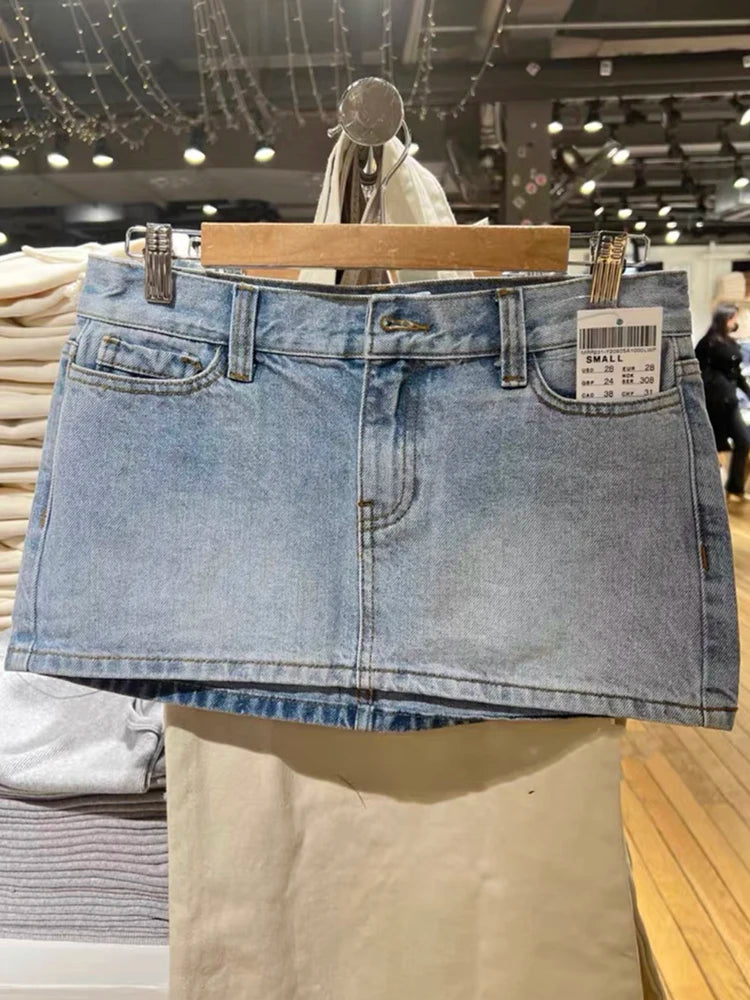 Vintage Azul Cintura Baixa Denim Saias Casual Chique Bolsos A-line Verão Mini Saias Mulheres Y2k Streetwear Harajuku Slim Faldas 2023