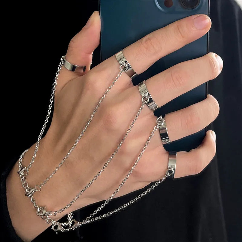 Punk Geometric Black Silver Color Chain Wrist Rings For Women Men Gothic Hip Hop Chain Open Rings Set Couple Fashion Jewelry