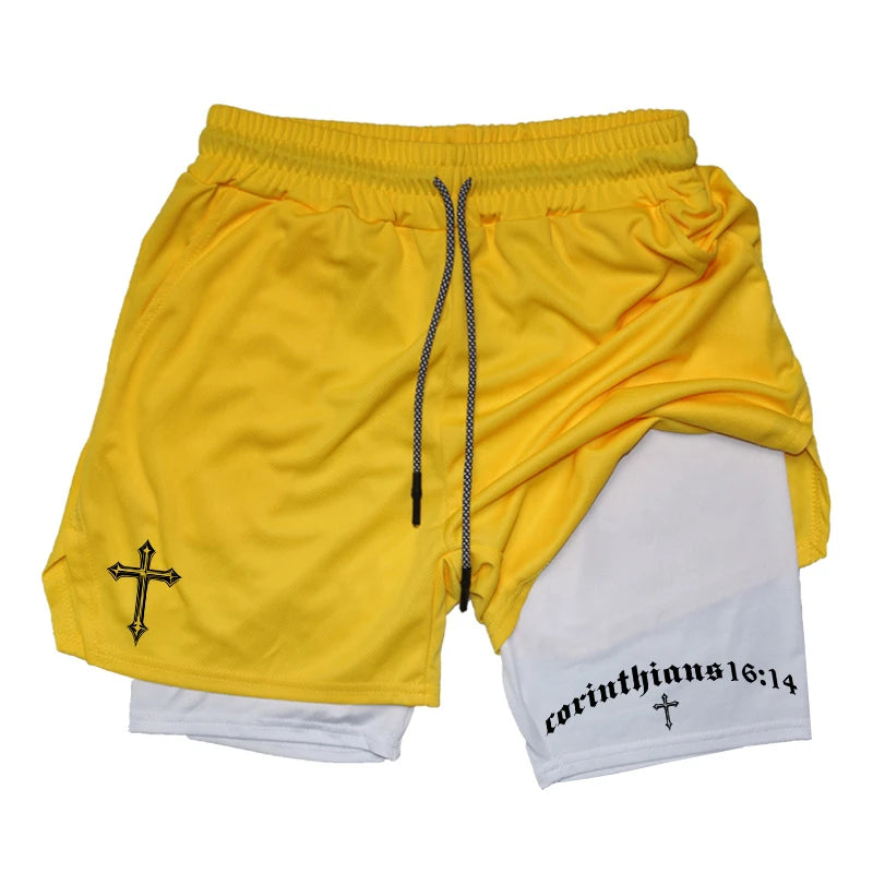 Cross Bible Graphic 2 in 1 Athletic Shorts for Men Christian Gym Workout Running Shorts with Phone Pocket Towel Loop Active Wear