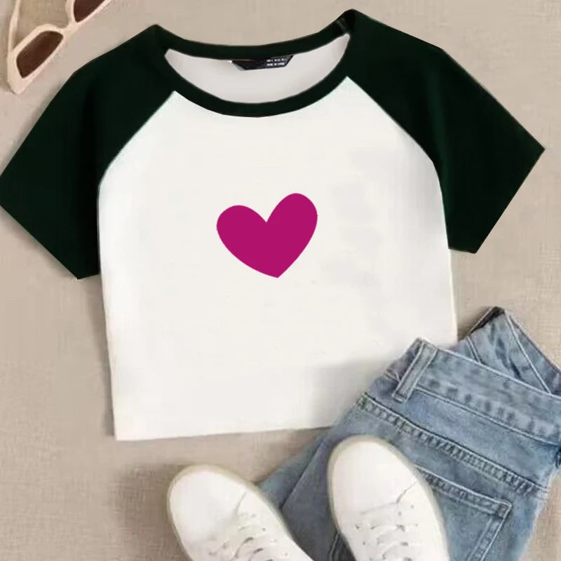 Heart Hot Girl Aesthetic Vintage Crop Tops Short Y2k Sleeves Women Tee Summer Streetwear Kpop Graphic Fairy Grunge Baby T-Shirt