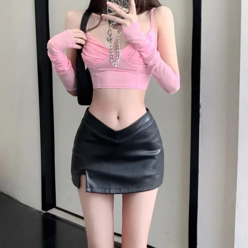 Autumn High-Waisted Slimming Silver Side Slit Miniskirt For Women A- Line Tightening Hip Package Skirt