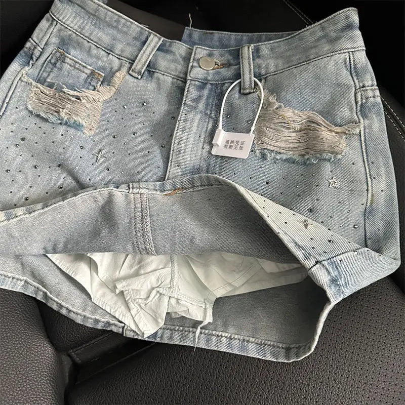 Vintage Denim Starry Skirts Women Mini Rhinestone Denim A-line Korean Style Hot Spicy Girls Summer Streetwear Stylish 4XL Chic