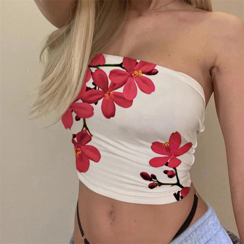 Tops de verão para mulheres com estampa floral e ombros de fora, sem alças, estilo bandeau, estética dos anos 2000, roupas y2k