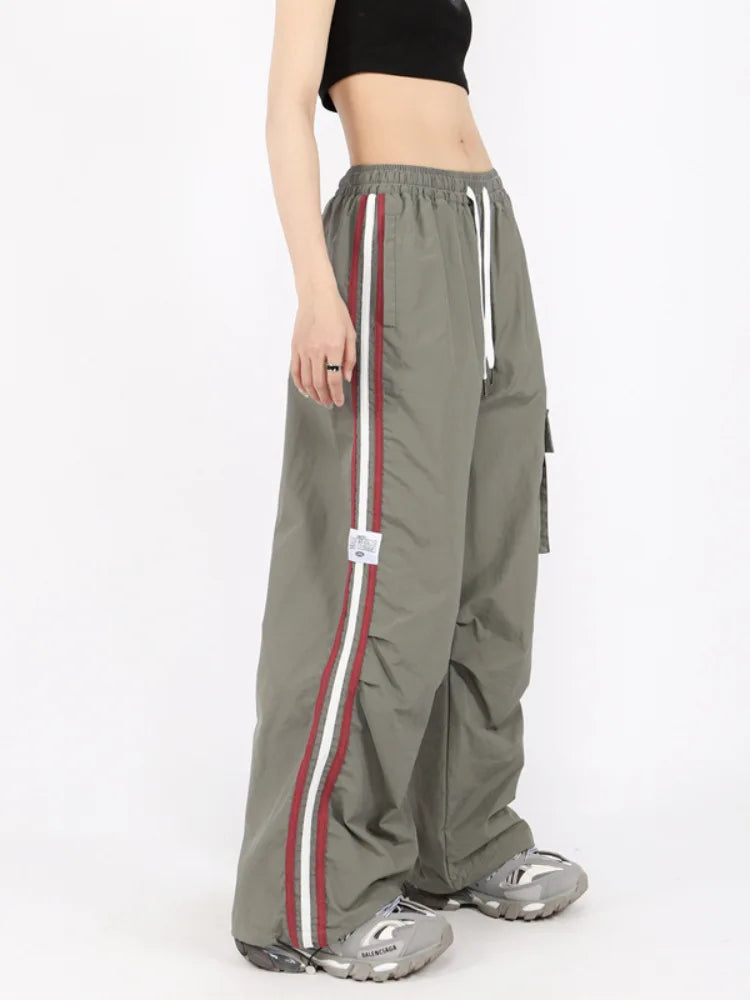 Y2K Kpop Cargo Pant Mulheres Cordão Bolsos Perna Larga Chic Punk Calças Largas Listradas Esportes Calças de Moletom Parachute Jogger Calças