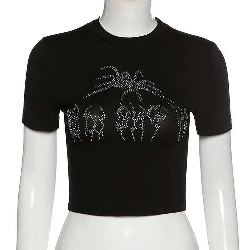 Spider Strass Verão Crop Tops Preto Y2k Streetwear Sexy Manga Curta Camisetas Justas Para Mulheres Slim Baby Tee 2000s Roupas