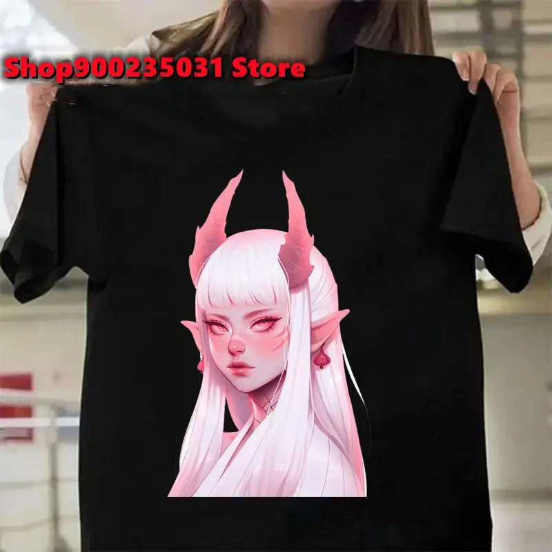 New Pink Demon Girl T-Shirt Streetwear Y2k Graphic Angel T-Shirt Harajuku Summer Women Aesthetic Oversized Outfit Tee Shirt