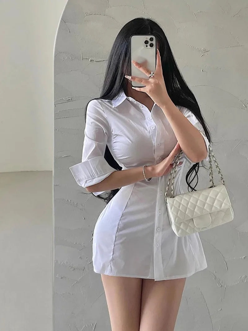 fashion women mini dress single breasted slim slim pleated waist mid sleeved shirt dress short dress elegant KFB2