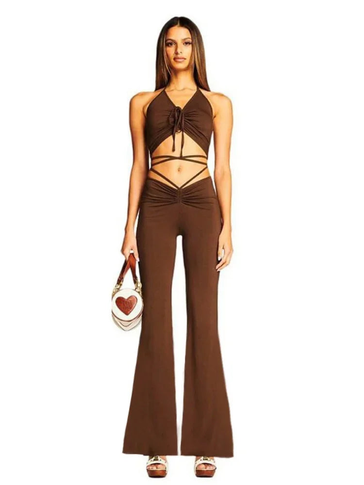 Solid 2 Piece Sets Womens Outfits Neck-mounted Halter Top Low Waist Long Pants Set Conjuntos Feminino Elegante Ensemble Femme