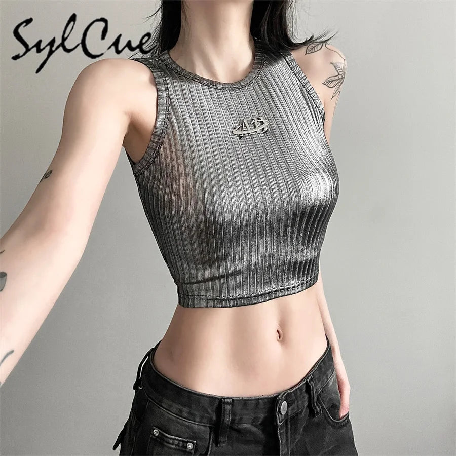 Sylcue 2024 Spring New Style Retro Solid Color Retro Trendy Distinctive All-match Casual High Street Cool Women's Letter Vest