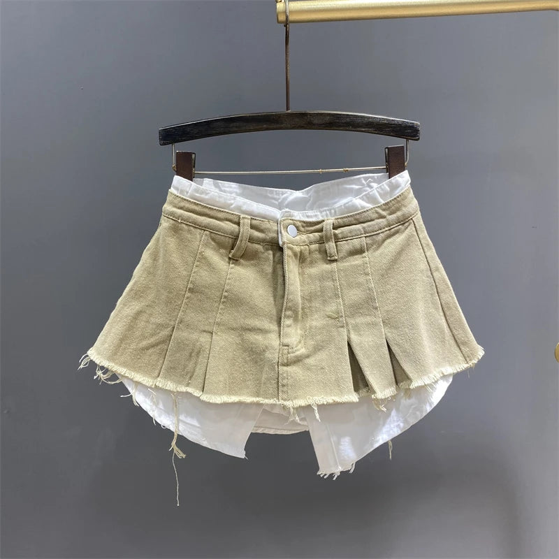 Spring and Summer New Fake Two-Piece Patchwork Pink Short Denim Skirt Women Slimming A-line Mini Pleated Skirt High Street