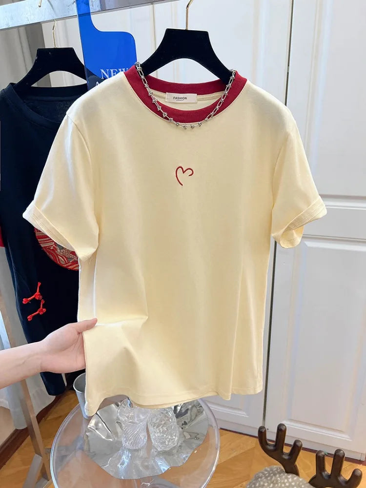 Ins Simple Style Little Heart Embroidery Lady T-shirt 2024 Harajuku Streetwear Chic Female Top Y2k New Summer Fashion Casual Tee