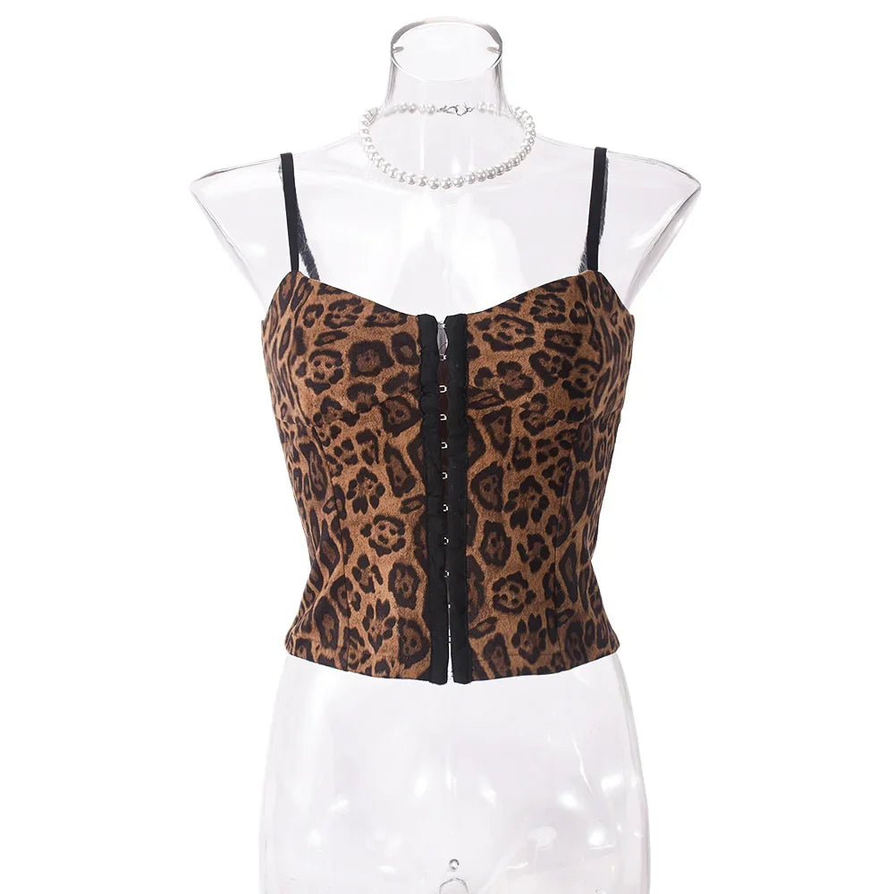 Top curto sexy sem costas com estampa de leopardo retrô para mulheres 2024 moda verão alças esfaqueadas gótico Y2K espartilho tops femininos camis camisetas