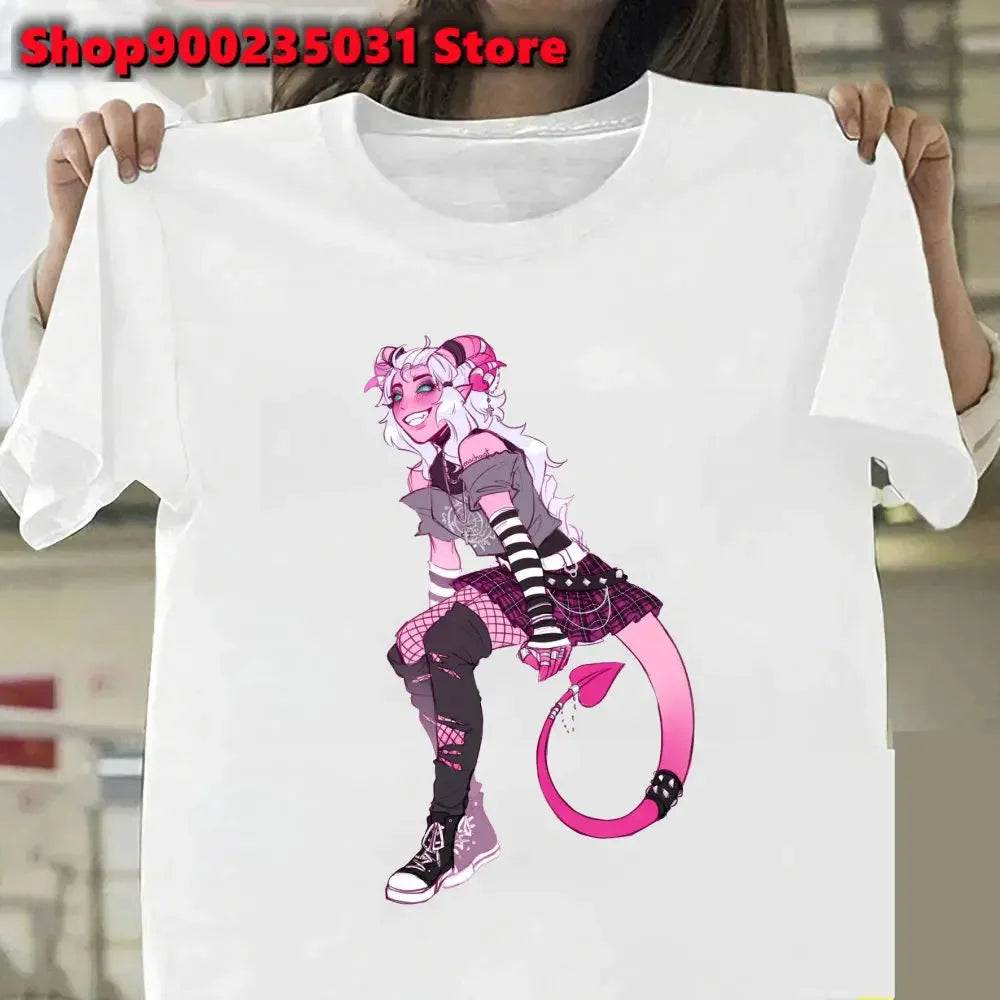 New Pink Demon Girl T-Shirt Streetwear Y2k Graphic Angel T-Shirt Harajuku Summer Women Aesthetic Oversized Outfit Tee Shirt