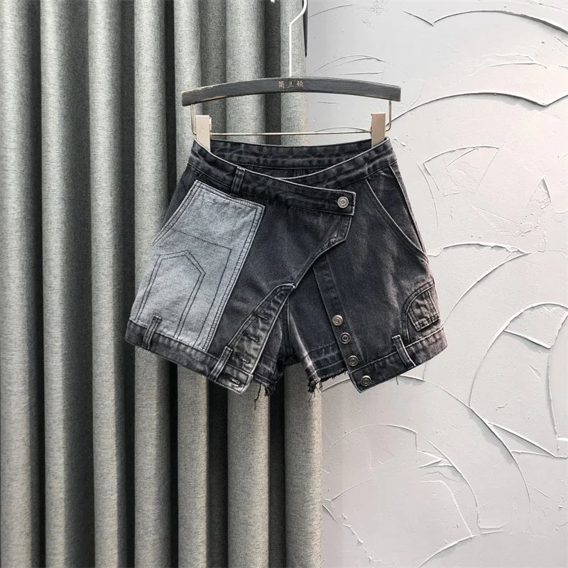 Shorts jeans europeu falso de duas peças, saia para mulheres, novo, elegante, patchwork, bolso, botão, linha A, perna larga, calças quentes