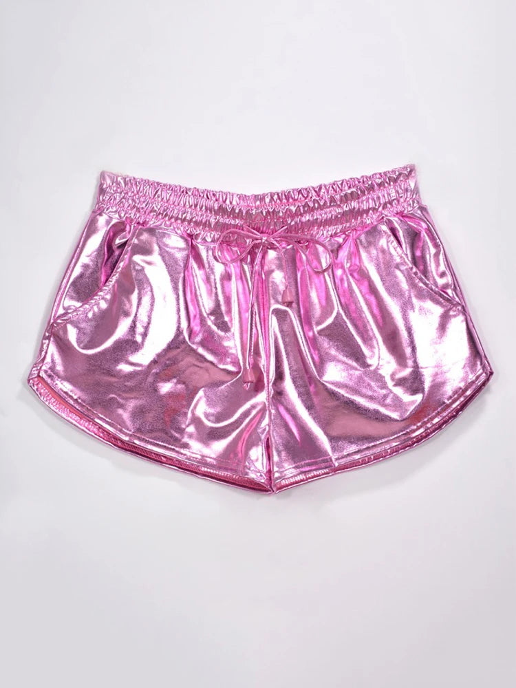 Women Shiny Metallic Hot Shorts Summer Holographic Wet Look Casual Elastic Drawstring Festival Rave Booty Shorts