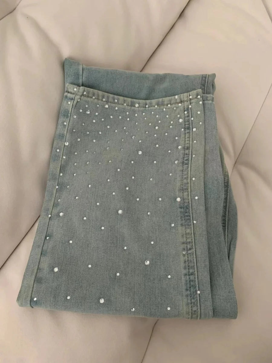 Calça Jeans Reta com Strass Feminina Retro Lavada Calça Larga Clássica Azul Cintura Alta Solta Calça Combinada