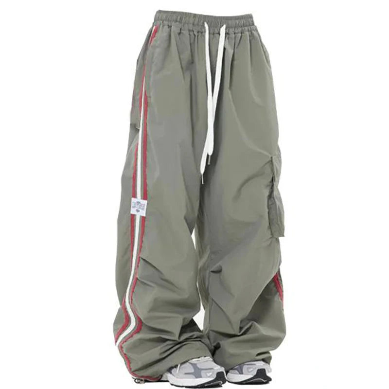 Y2K Kpop Cargo Pant Mulheres Cordão Bolsos Perna Larga Chic Punk Calças Largas Listradas Esportes Calças de Moletom Parachute Jogger Calças