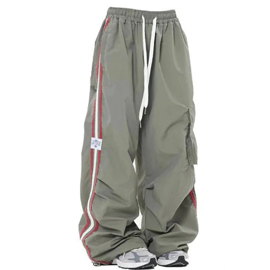 Y2K Kpop Cargo Pant Mulheres Cordão Bolsos Perna Larga Chic Punk Calças Largas Listradas Esportes Calças de Moletom Parachute Jogger Calças