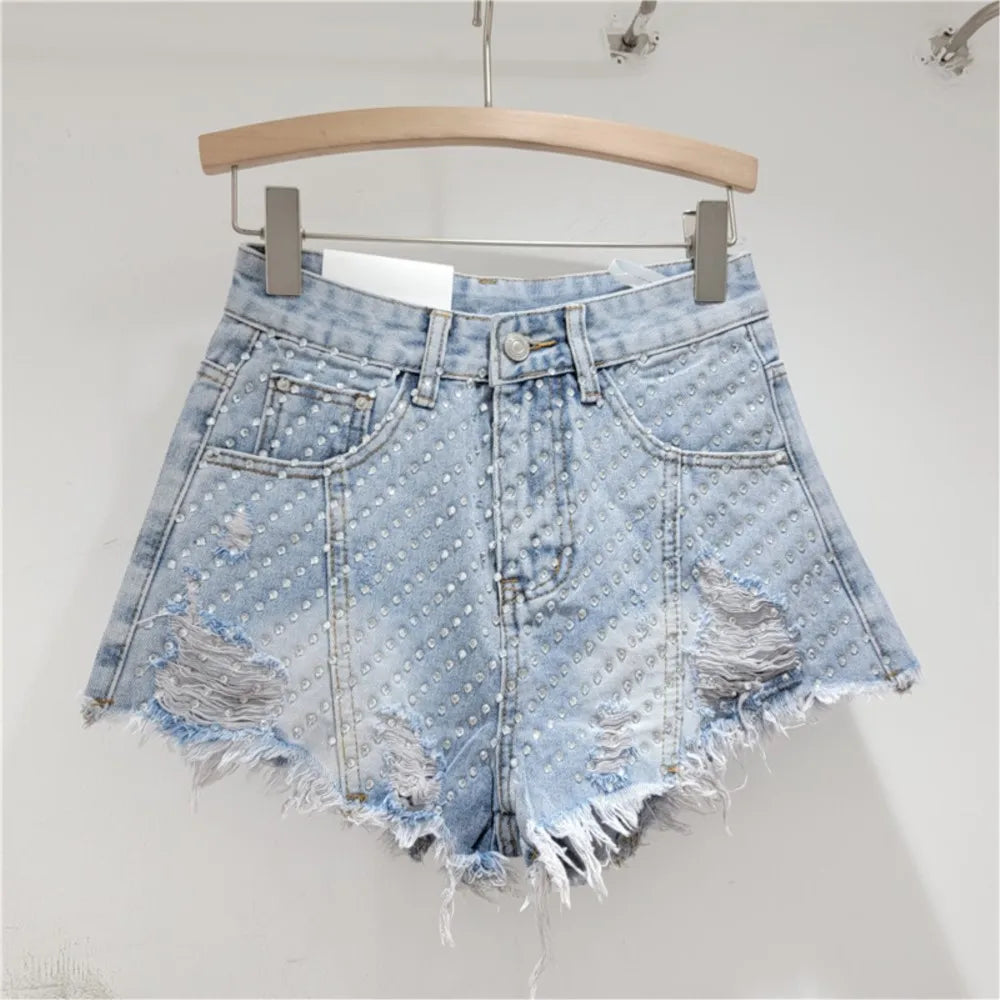 Diamond Denim Shorts for Women's 2024 Summer New High Waist Slimming Holes Wide Legs jeans