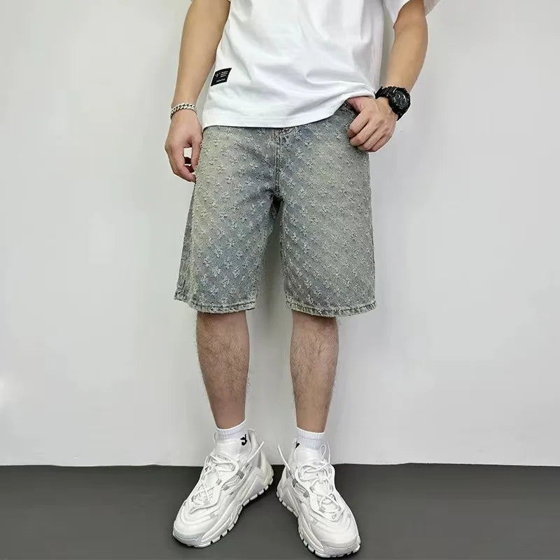 Five Point Pants For Men 2024 New Summer Loose Straight Wide Leg Perforated Jacquard High-End Casual Denim Shorts For Men