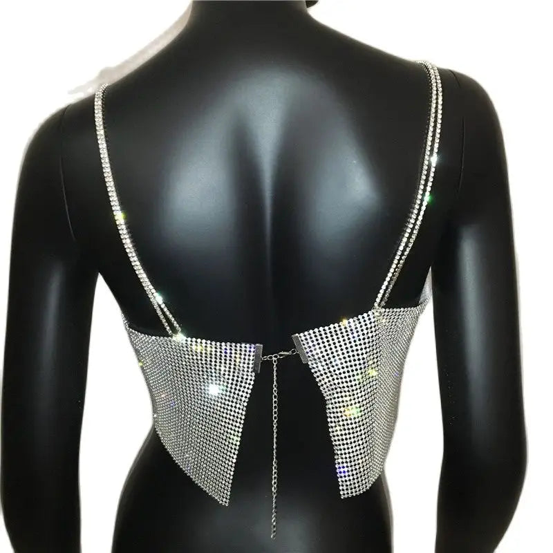 2022 Lantejoulas Brilhantes Cristal Corrente Regata Glitter Metal Malha Halter Alça Metálica Tops Curtos Festival Festa Sexy Roupas Femininas